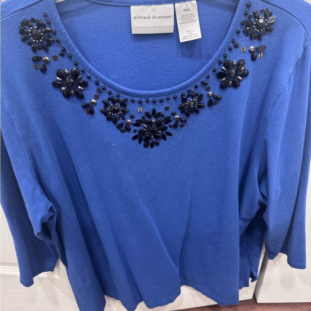 Alfred Dunner Blue Embellished 3/4 Sleeve Blouse